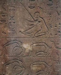 Celebrations with harp player and acrobats, relief, Red Chapel of Hatshepsut, reconstruction exhibited at the Museum of Karnak, Egyptian Civilization, New Kingdom, Dynasty XVIII