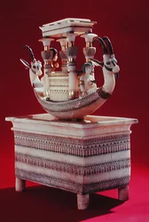 Chest with a boat decorated with two heads of a Syrian ibex and two female figures thought to be Princess Mutnedjmet, from the tomb of Tutankhamun