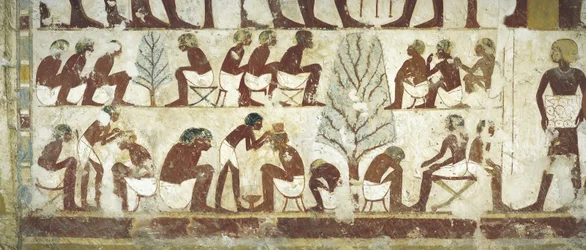 Tomb of Royal Scribe Userhat, Vestibule, Mural Paintings, Barbers at Work Under Sycamore Trees
