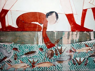 Egyptian Art: Tomb of Menna. Fish scene, detail. A naked maid picks a lotus flower. 18th dynasty. Fresco of Luxor, Site of Thebes, Sheikh Abd al-Gournah, left bank of the Nile, Egypt.