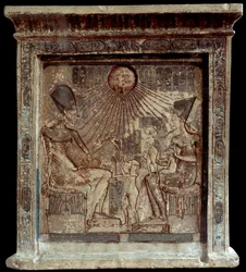 Egyptian Queen Nefertiti with Pharaoh Amenophis IV and their children, low relief, 18th dynasty, New Empire, Cairo, Egyptian Museum