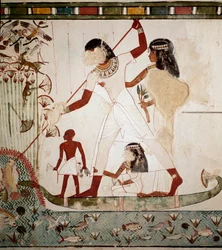 Egyptian antiquity: Fishing scene. The noble Menna depicts on a boat with his wife harpooning a fish. Fresco from the tomb of Menna from the tomb area of the nobles in Gournah, Luxor Egypt