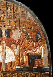 Funerary Stele of Minhotep: Detail Representing an Offering of Flowers to the Goddess Hathor