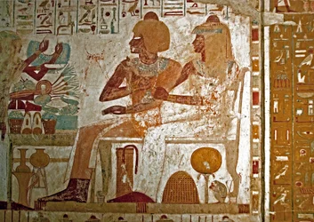 Painting Decorating the Tomb of Userhat Representing Him with His Wife Mutneferet Receiving Offerings