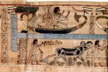 Egyptian antiquity: the name of the late Aner represents on the boat of Osiris, scene of plowing and weighing of souls (psychostasis). Papyrus from a Book of the Dead, 20th dynasty, from Thebes. Turin, Egyptian museum