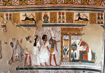 Egyptian Antiquity: Horus Guides Roy and His Wife to Osiris. Fragments of Fresco from the Tomb of Roy (TT255). 18th Dynasty. From the West Bank of Luxor, Egypt