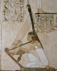 Girl musician with harp entertaining guests