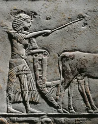 Horemheb ploughing land in the Fields of Iaru, relief from the tomb of Horemheb at Saqqara (detail)