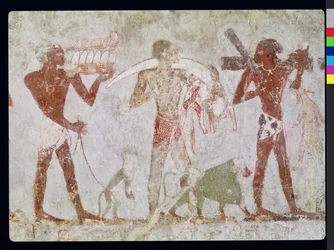 Kushites carrying tributes of gold, ivory and animal skins, from the Tomb of Rekhmire, vizier of Tuthmosis III and Amenhotep II, New Kingdom