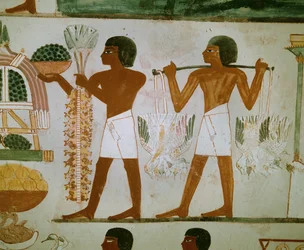Men carrying fruit and food for the deceased
