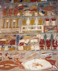 Offering and perfume jars between Anubis and Hatshepsut, mural, Chapel of Anubis, Mortuary Temple of Hatshepsut, Deir el-Bahari, Theban Necropolis