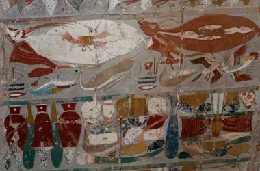 Painted Bas-Relief, Mortuary Temple of Queen Hatshepsut, Djeser-Djeseru, Deir el-Bahri, Luxor, Thebes