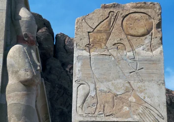 Pillar with bas-relief of Horus and double crown resting on uraeus, symbol of royal power, Mortuary Temple of Hatshepsut, Deir el-Bahari, Luxor, Thebes (Unesco World Heritage List)