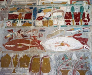 Provisions and Pottery Offered to Gods by Queen Hatshepsut, Painted Relief, Chapel of Anubis, Mortuary Temple of Queen Hatshepsut, Also Known as Djeser-Djeseru, Deir el-Bahri, Thebes. Egyptian Civilization, New Kingdom, Dynasty XVIII
