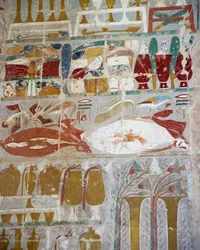 Provisions and pottery offered to gods by Queen Hatshepsut, painted relief, Chapel of Anubis, Mortuary Temple of Queen Hatshepsut, also known as Djeser-Djeseru, Deir el-Bahri, Thebes. Egyptian civilization, New Kingdom, Dynasty XVIII