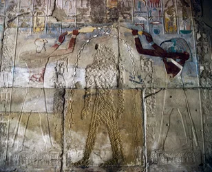 Queen Hatshepsut Between the God Horus and the God Thoth, Painted Relief, Hall of the Red Chapel of Hatshepsut, Karnak Temple Complex (Unesco World Heritage List)