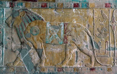 Relief depicting Hatshepsut as lion, Mortuary Temple of Hatshepsut, Deir el-Bahari, Luxor, Thebes