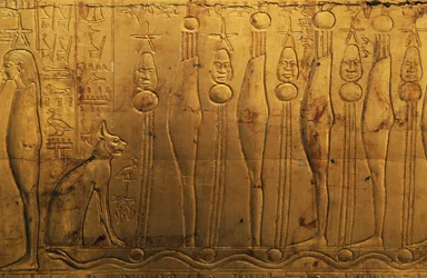 Reliefs on upper register of right outer panel of second funeral chapel, Treasury of Tutankhamun, Egypt, New Kingdom, Dynasty XVIII