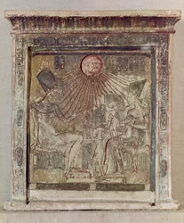 Stela Depicting the Aten Giving Life and Prosperity to Amenophis IV (Akhenaten), His Wife Nefertiti and Three of Their Daughters, from Tell el-Amarna, New Kingdom, c.1353-1337 BC