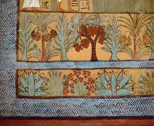 Trees, cacti, and plants in a religious painting of the vaulted tomb chamber of Sennedjem