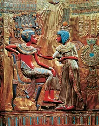 Tutankhamen and Wife Ankhesenamon Protected by Solar Disc on Throne, from Treasure of Tutankhamen
