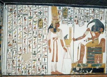 Chapter 94 of the Book of the Dead, Nefertari standing in front of the god Thoth, the ibis-headed scribe, fresco, north wall, east side chamber, Tomb of Nefertari, Valley of the Queens, Thebes