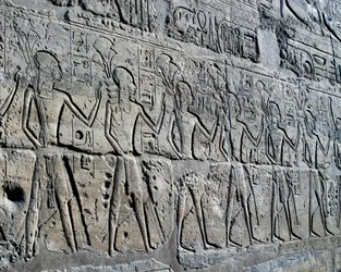 Characters symbolizing mining districts bringing their tributes to god, relief, Ramesses II Courtyard, Temple of Amun