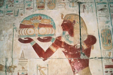 Egypt, Abydos, Temple of Pharaoh Seti I, Osiris Chapel, Painted Relief Depicting Offering Bearer