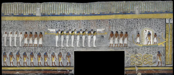 Egypt, Thebes, Luxor, Valley of the Kings, Tomb of Ramses I, mural painting of Ra in solar bark in burial chamber from 19th dynasty