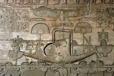 Reliefs Representing the Procession of the Sacred Boat, Memorial Temple Dedicated to Pharaoh Ramses II, Ramasseum Site, Luxor, Egypt