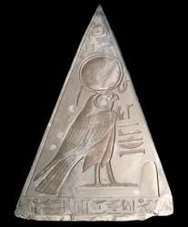 Egyptian Antiquity: Pyramid Tip of the Chapel of Ramose Decorated with the Representation of Ra-Harakte (Re Harakte) Divinity of the Rising Sun