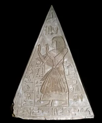 Egyptian antiquity: pyramid tip of the chapel of Ramose decorated with the representation of the late worshiping Ra-Harakte, deity of the rising sun