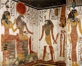 Nefertari is brought before the god Re-Horakhty by Horus, from the Tomb of Nefertari, New Kingdom