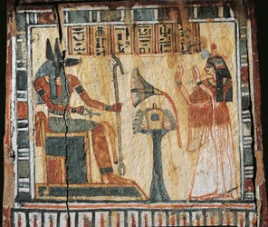 Painted Wood Box Depicting Deceased and God Anubis, for Shabtis of Tamutnofret