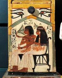 Shabti box of Khabekhent, deceased sitting with his wife (detail)