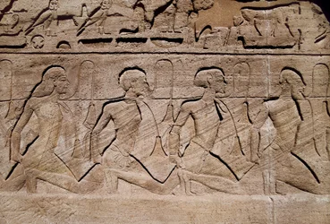 Prisoners illustrating the victories of Pharaoh Ramses II, bas-relief at the entrance of the great temple of Ramses II, Egypt, Abu Simbel