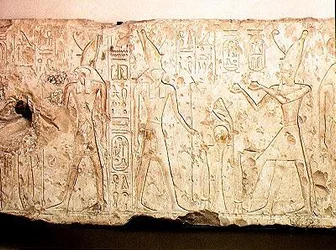 Relief depicting Ramesses II (1279-1213 BC) making ritual offerings to the family of Osiris, detail of the right hand side with Ramesses offering two flasks of wine to Horus, from Abydos, New Kingdom