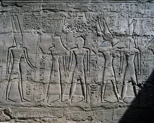 Scenes of offerings to gods, relief, interior walls of Great Hypostyle Hall, Karnak temple complex (Unesco World Heritage List)