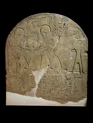 Stela Dedicated to Isis by the Overseer of Works in the Temples of Ramesses II at Koptos, Depicting the King Offering Incense to the Sacred Boat of Isis, Carried by Priests