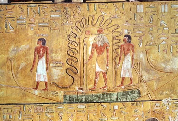 The sun god Ra in his solar barque, protected by the coils of a serpent, from the Tomb of Seti I, New Kingdom