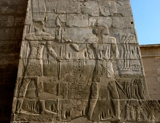 Funeral Temple of Ramses III. Low Relief Representing the Pharaoh Receiving the Insignia of Power from Amon, Luxor, Medinet Habu, Egypt