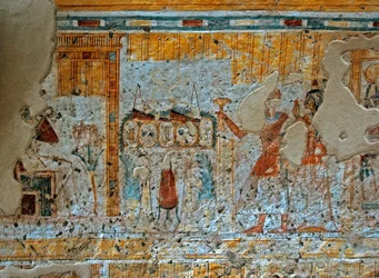 Representation of Shuroy and his wife worshipping the god Osiris sitting in front of the four sons of Horus in a papyrus leaf. Painting of the Tomb of Shuroy (TT13). 20th dynasty. 1190-1077 BC Necropolis of Dra Abu el-Naga, West Bank of Luxor, Egypt