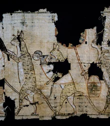 Papyrus depicting satirical scene, ca 1100 BC, dating from reign of Ramesses IX, (detail), Egyptian Civilisation, New Kingdom, Dynasty XX