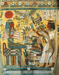 Sarcophagus of Ankt Ef Rhonson, Scribe of the Temple of Amon, Interior Detail: The Deceased Offering Flowers to the God of the West, New Kingdom, Dynasty XX