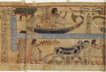 Detail from the Book of the Dead of the priest Aha-Mer depicting a barque and a farming scene, Third Intermediate Period