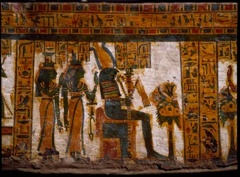 Isis and Nephtys Worshipping Osiris. Anthropoid Sarcophagus of the Scribe Butehamon, 21st Dynasty (1085-935 BC). Museum of Egypt, Turin