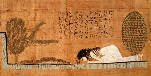 Funerary papyrus depicting the deceased prostrate in front of the crocodile
