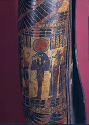 Detail of Sarcophagus Showing Re-Harakhty with Solar Disc, Holding Crook and Flail Sceptres, Two Sons of Horus Standing Behind, Third Intermediate Period, 850-730 BC (detail)