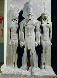 Triad of Menkaure with the Goddess Hathor and the Goddess of the Aphroditopolis Nome