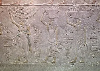 Women personifying deaths domains and bringing offerings, from the Mastaba of Akhutotep, Old Kingdom